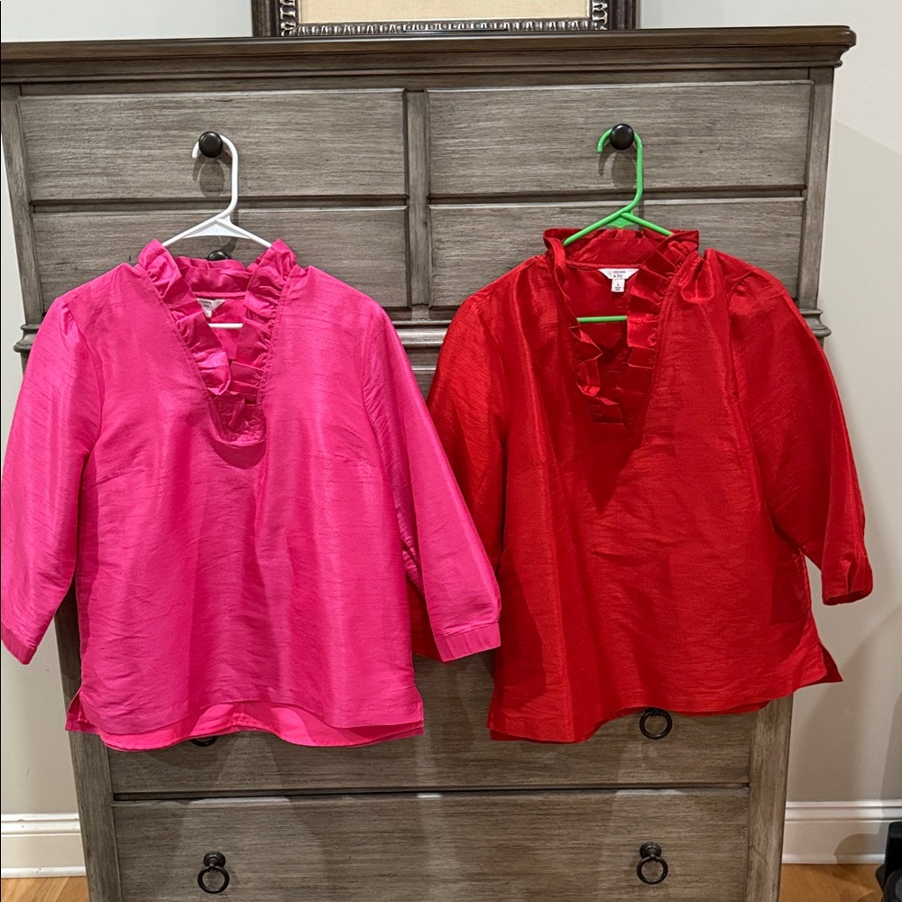 Two tops Vibrant Crown & Ivy Ruffle Tops - Pink & Red large 3/4 sleeve
